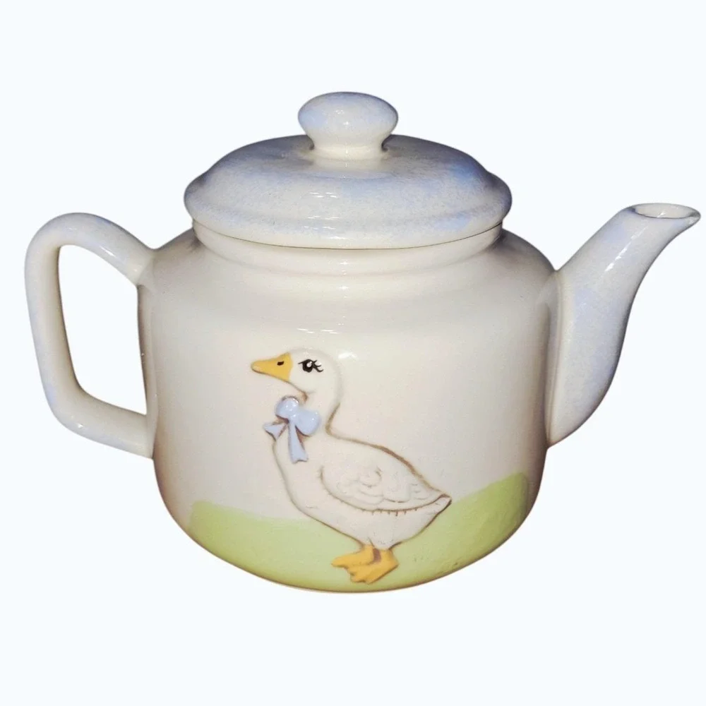 Vintage 1980s Otagiri Style Goose Teapot Ceramic Raised Geese Blue Bows